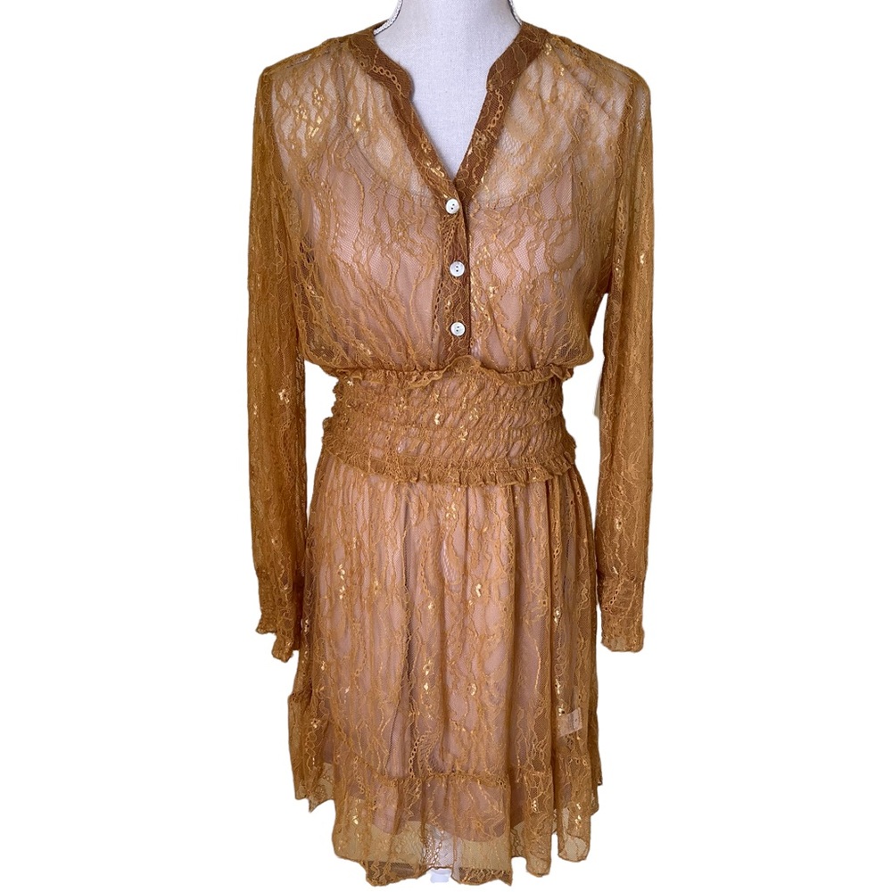 fig and flower Mustard Lace Cinched Waist Mini Dress S